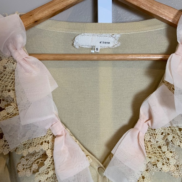 A’Reve Crochet Chiffon Bow V-neckline Cardigan Sweater - Picture 2 of 16